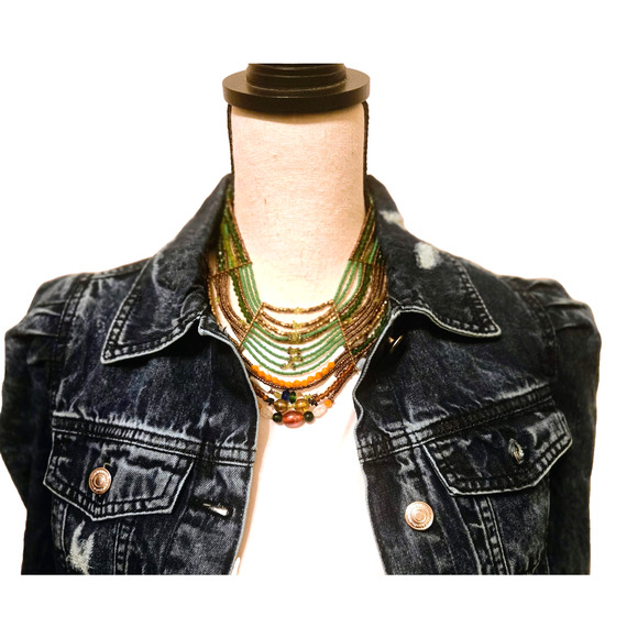 Handmade Green Gold Tribal Necklace Boho - Picture 3 of 10